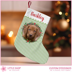 Groene Strepen Wintergroene Krans Foto van Hond Kleine Kerstsok