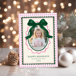 Groene strik roze geruite Kerst foto Feestdagenkaart