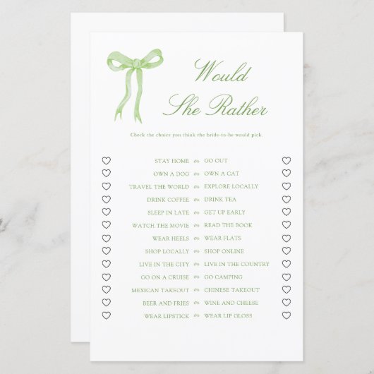 Groene Strik Zou Ze Liever Bruiloft Feest Spel (Voorkant / Achterkant)