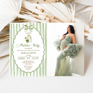 Groene strikstrepen Matcha babyshower uitnodiging