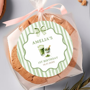 Groene strikstrepen Matcha verjaardagssticker Ronde Sticker