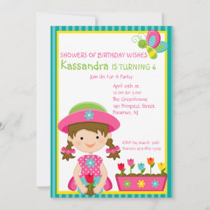 Groene striped Gardening Girl Birthday Invitation Kaart