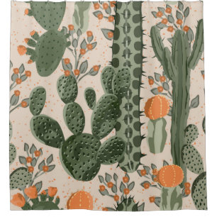 Groene succulente cactus en oranje bloemen douchegordijn
