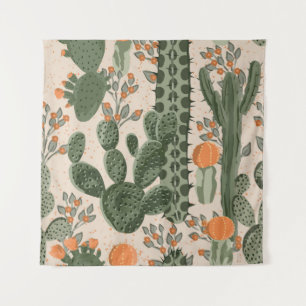 Groene succulente cactus en oranje bloemen wandkleed