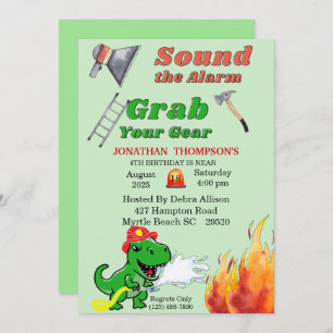 Groene T Rex Firemans 4e uitnodiging voor geboorte