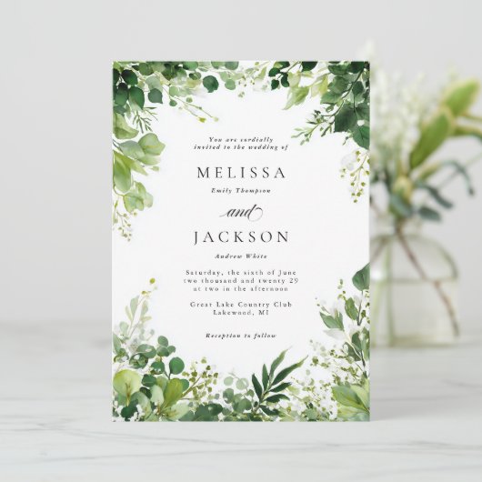 Groene takken grens bruiloft kaart (Staand voorkant)