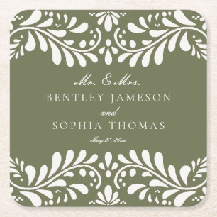 Groene Talavera Tegel Spaanse stijl Fiesta bruilof Vierkante Kartonnen Onderzetter