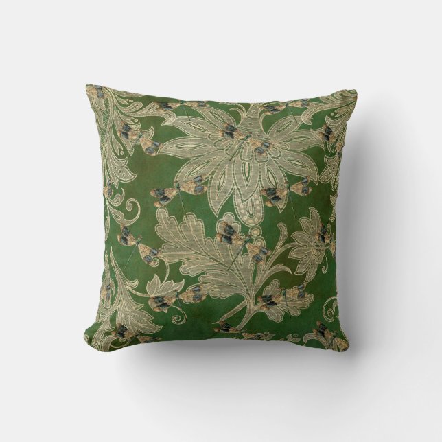  groene Tan Damask Floral Dragonflies Kussen (Voorkant)