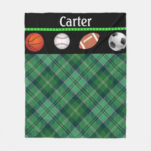 Groene Tartan Basketbal Honkbal Voetbal Voetbal Fleece Deken