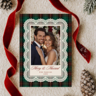 Groene Tartan Kant Frame Prettig Getrouwd Foto Feestdagenkaart