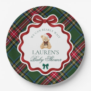 Groene Tartan Plaid Kerstbeer Baby Shower Papieren Bordje