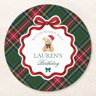 Groene Tartan Plaid Kerstbeer Verjaardagsfeestje Ronde Kartonnen Onderzetter