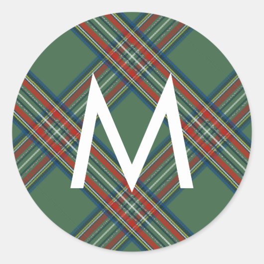Groene Tartan Plaid Monogram Ronde Sticker (Voorkant)