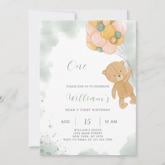 Groene Teddy Verjaardag Uitnodiging (Voorkant)