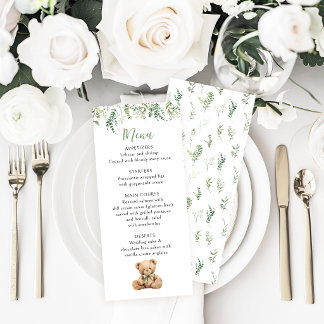 Groene teddybeer geslachtsneutrale babyshower menu