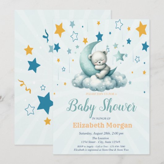 Groene Teddybeer, Sterren Cloud Moon Baby shower Kaart (Voorkant / Achterkant)