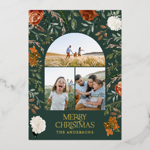 Groene terracotta 3 foto botanische elegant boog v folie feestdagenkaart