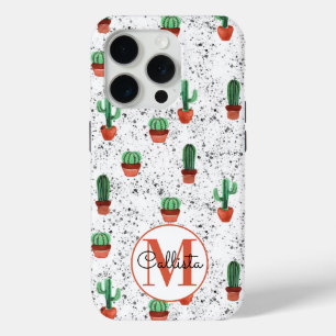 Groene Terracotta Cactus Pots Splatter Monogram iPhone 15 Pro Case