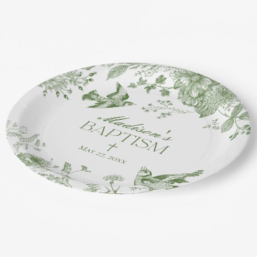 Groene Toile De Jouy Bloemendoop Papieren Bordje (Gekanteld)