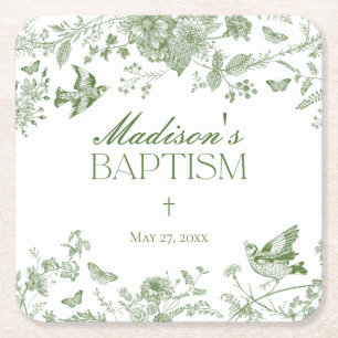 Groene Toile De Jouy Bloemendoop Vierkante Kartonnen Onderzetter