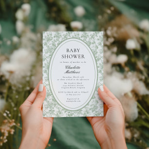 Groene Toile De Jouy Bloemrijke Foto Baby Shower Kaart