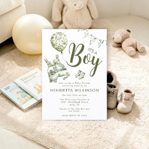 Groene Toile de Jouy Jongens Baby Shower Uitnodigi Kaart