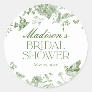 Groene Toile De Jouy Vintage Bloemige Bruidsdouche Ronde Sticker
