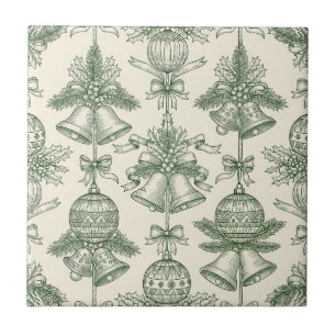 Groene Toile Kerstbellen & Ornamenten Patroon Tegeltje