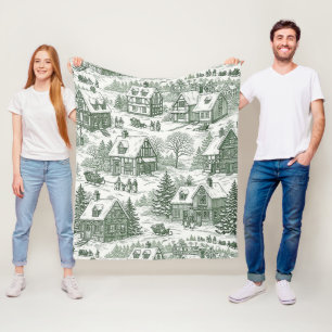 Groene Toile Vintage Kerst Dorp Patroon (2) Fleece Deken