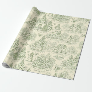 Groene Toile Vintage Kerst Dorp Patroon (6) Cadeaupapier