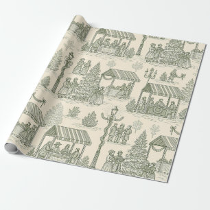 Groene Toile Vintage Kerst Dorps Scene (2) Cadeaupapier