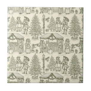 Groene Toile Vintage Kerst Dorps Scene Tegeltje