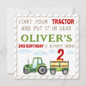 Groene tractor 1e 2e verjaardag jongen uitnodiging (Voorkant)