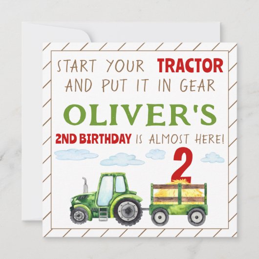 Groene tractor 1e 2e verjaardag jongen uitnodiging (Voorkant)