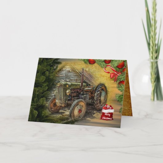  groene tractor Barn Kerstmis Feestdagen Kaart (Voorkant)