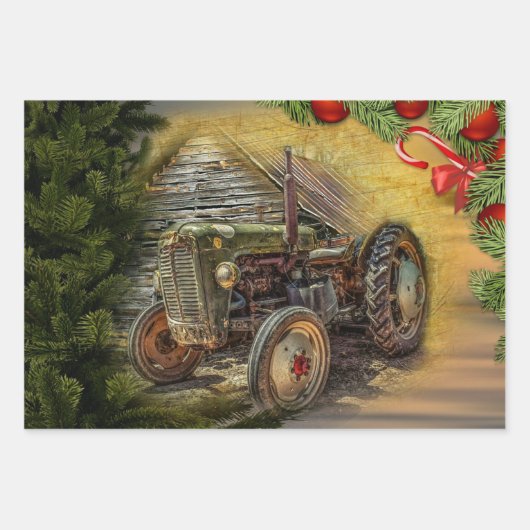 groene tractor Barn Kerstmis Inpakpapier Vel (Voorkant 2)
