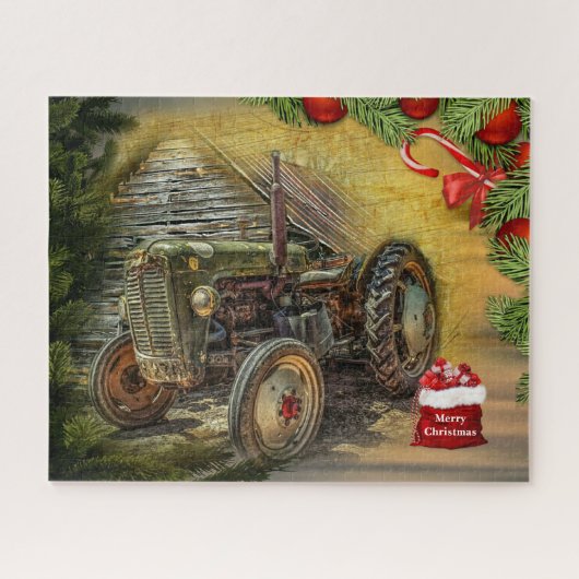 groene tractor Barn Kerstmis Legpuzzel (Horizontaal)