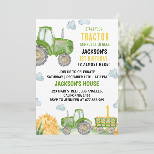 Groene Tractor Boerderij Verjaardagsfeestuitnodigi Kaart (Staand voorkant)
