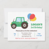 Groene tractor en ballonnen verjaardagsfeestje kaart (Voorkant)