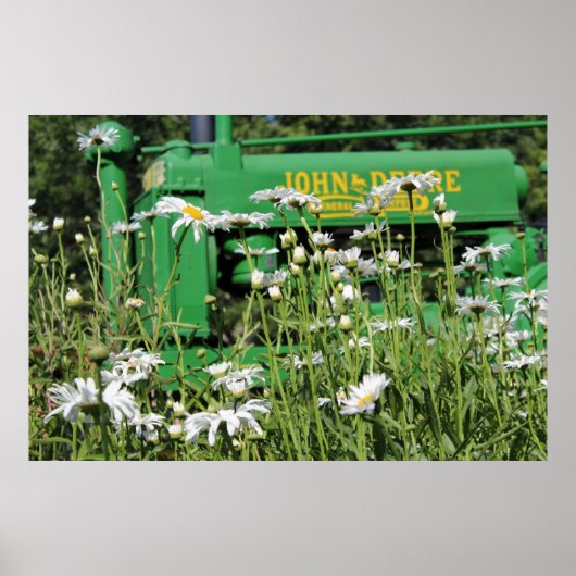Groene tractor en bloemen Poster (Voorkant)