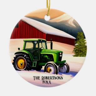 Groene Tractor en Rode Schuur Keramisch Ornament
