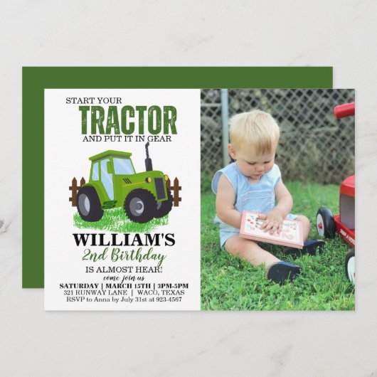 Groene Tractor Foto Verjaardagsfeest Uitnodiging (Voorkant / Achterkant)