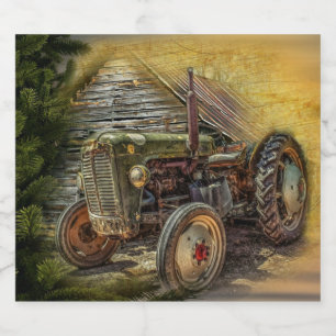 groene tractor Rustic Old Barn Sparkling Wijnetiket