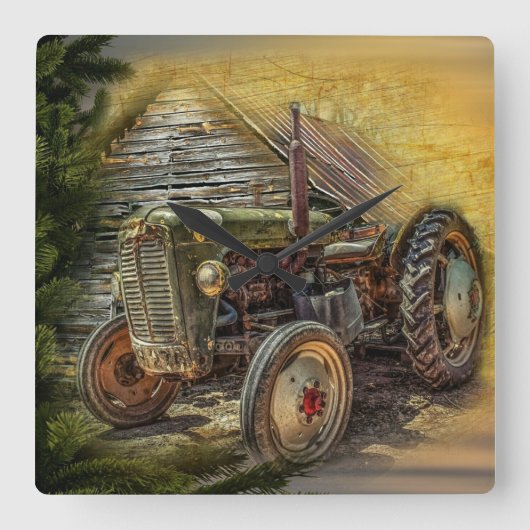  groene tractor Rustic Old Barn Vierkante Klok (Voorkant)