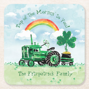  groene tractor Shamrock Voeg familienaam toe Vierkante Kartonnen Onderzetter
