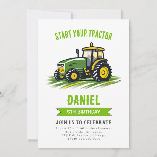 Groene Tractor Verjaardagsfeestuitnodiging Kaart (Voorkant)