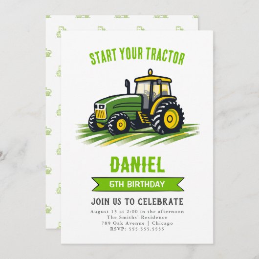 Groene Tractor Verjaardagsfeestuitnodiging Kaart (Voorkant / Achterkant)