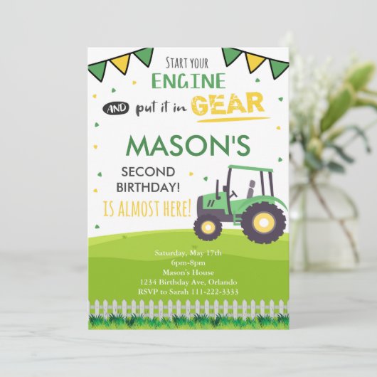 Groene Tractor Verjaardagsfeestuitnodiging Kaart (Staand voorkant)