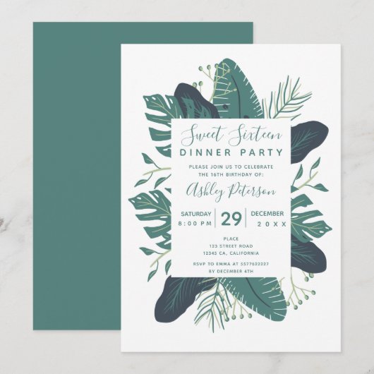 Groene tropische bladbloei typografie Sweet 16 Kaart (Voorkant / Achterkant)