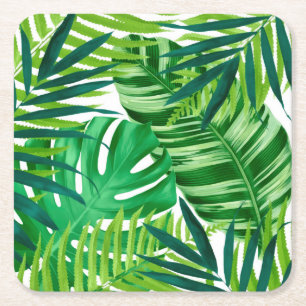 Groene tropische bladeren vierkante kartonnen onderzetter